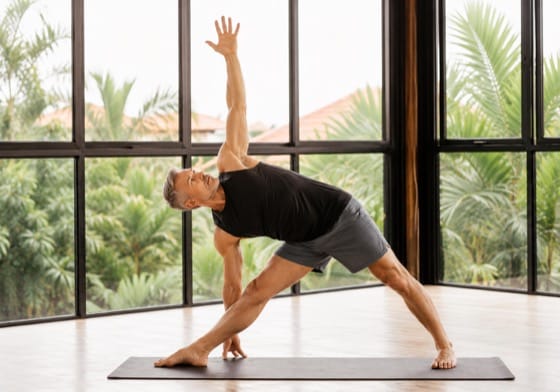 Mann übt die Yoga-Dreieckshaltung in einem hellen Studio.